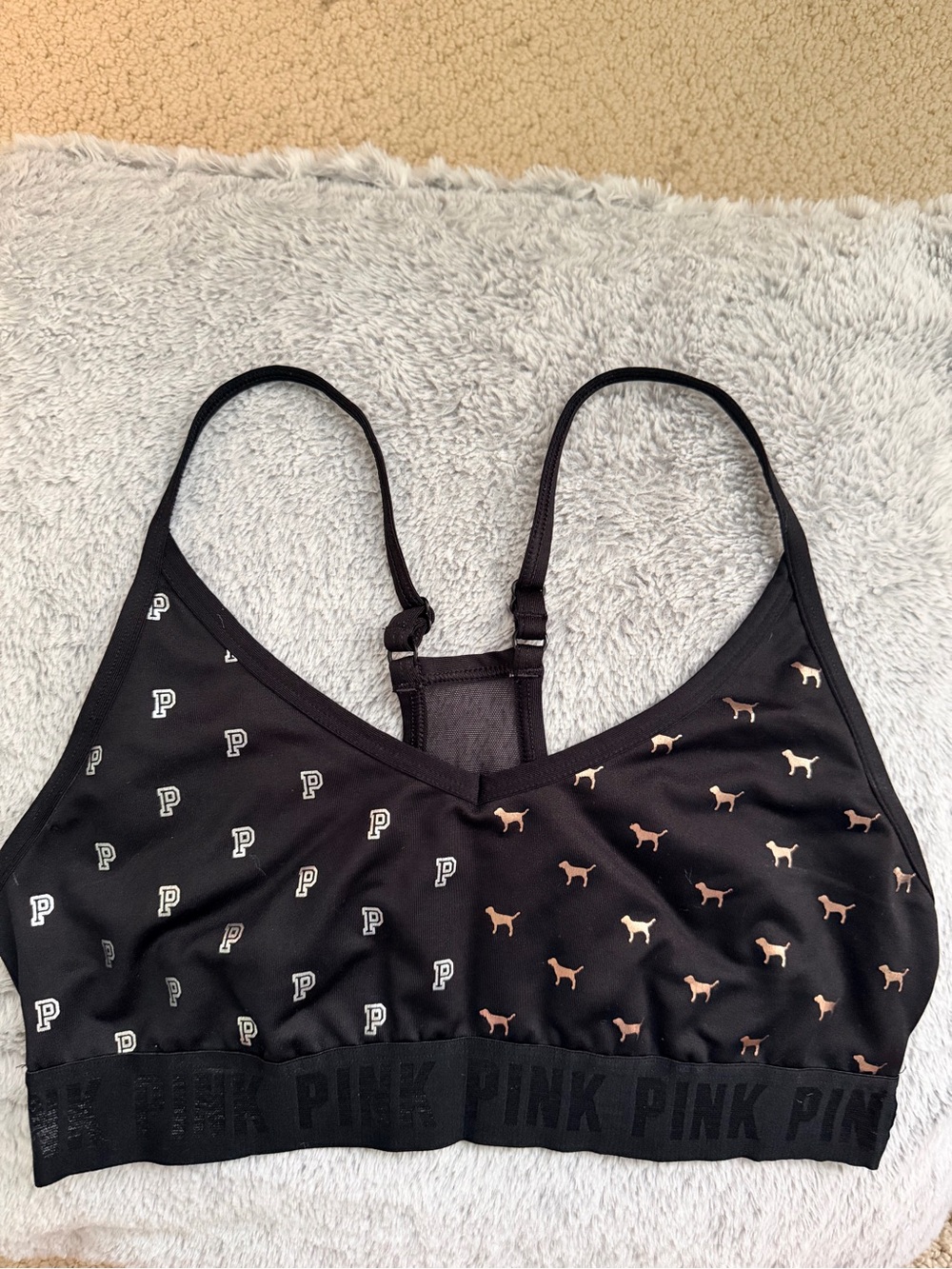 PINK Victoria's Secret Black Logo & Dog Print Racerback Bralette